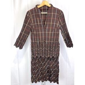 BABETTE Two Piece Outfit Crinkle Pleated V Neck Top L Midi Skirt M Brown Multi